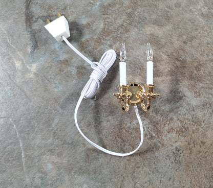 Dollhouse Double Candle Wall Sconce Gold 12 Volt with Plug 1:12 Wall Light