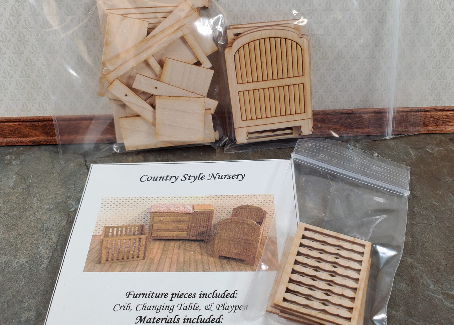 Dollhouse HALF SCALE Furniture KIT Country Nursery Set Crib Playpen Dresser 1:24