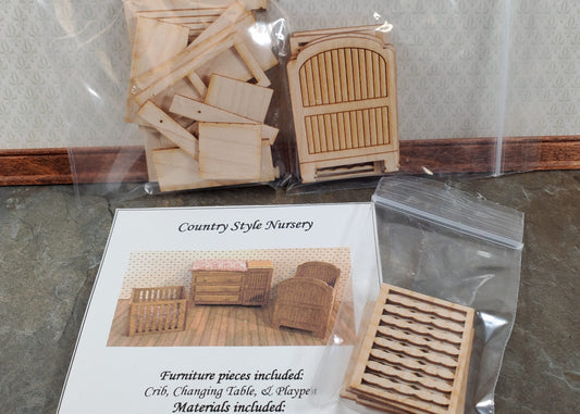 Dollhouse HALF SCALE Furniture KIT Country Nursery Set Crib Playpen Dresser 1:24