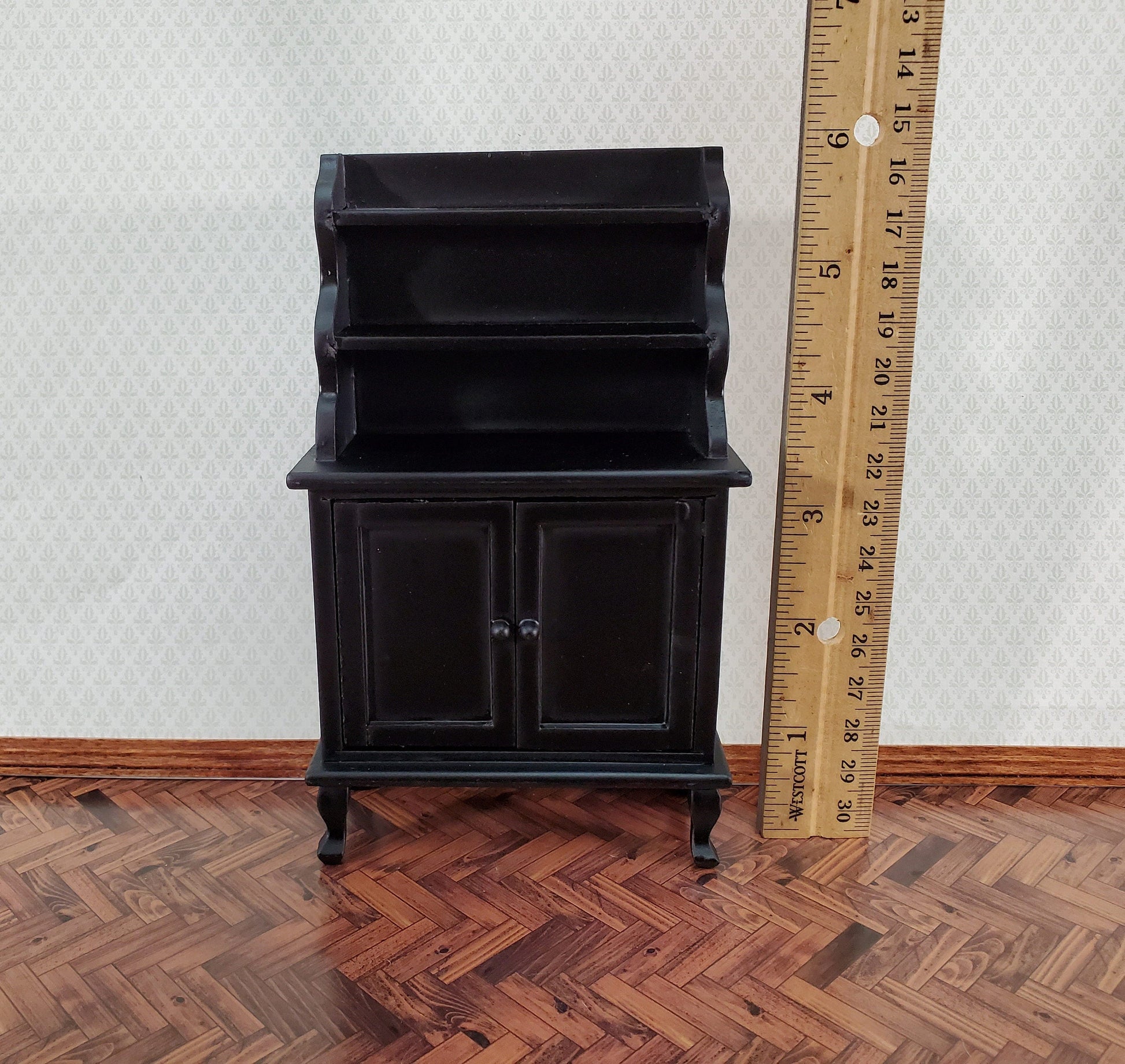 Dollhouse Tall Hutch Cabinet with Shelves Wood with a Black Finish 1:12 Scale Miniature Furniture