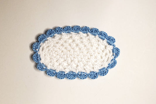 Dollhouse Hand Crocheted Oval Doily White w/ Blue Trim 1:12 Scale Miniature
