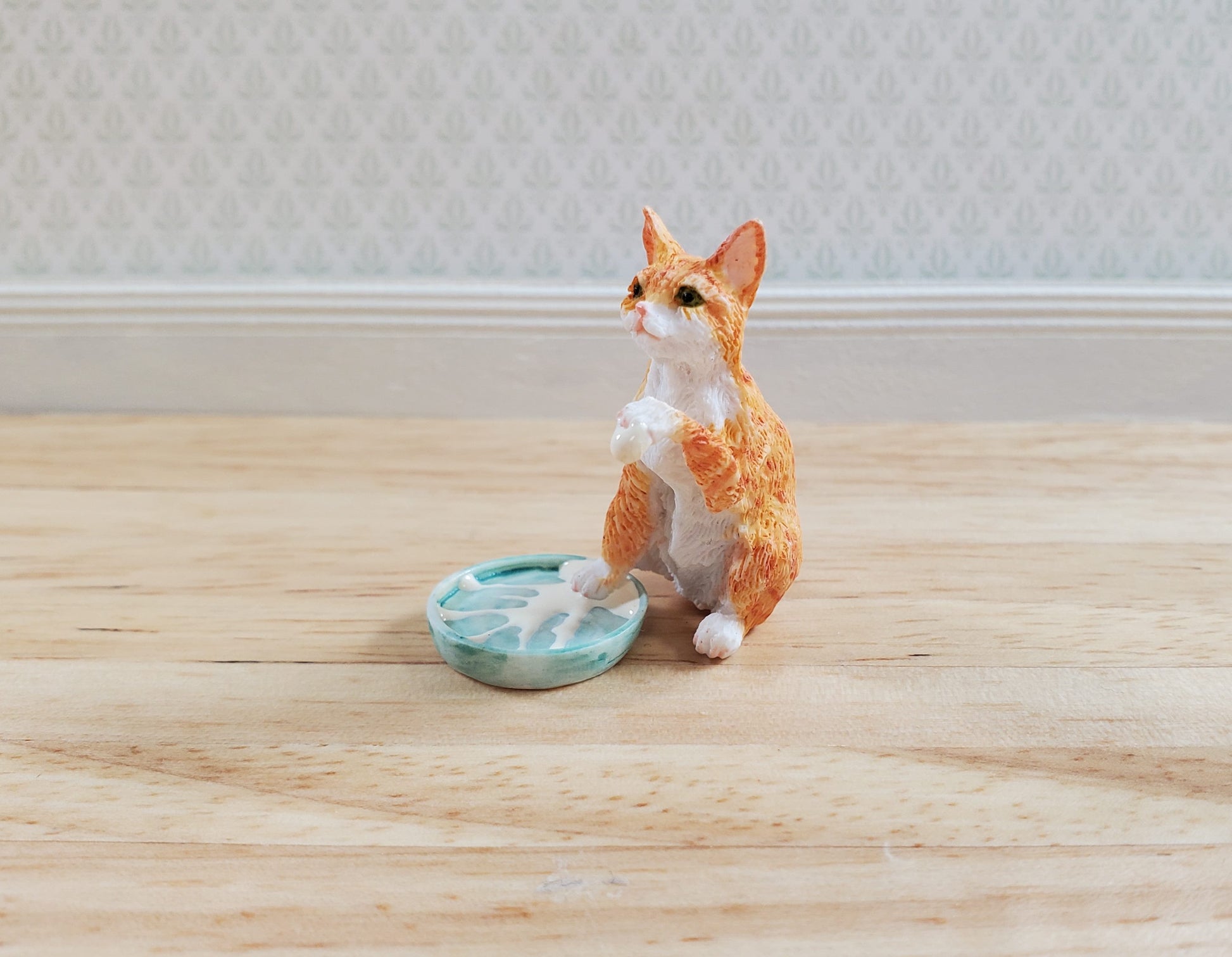 Miniature Kitty Cat Orange Tabby Stepping in Milk Dish 1:12 by Falcon Miniatures