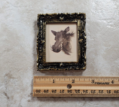 Miniature Warthog Framed Print from Original Charcoal 1:12 Scale Dollhouse