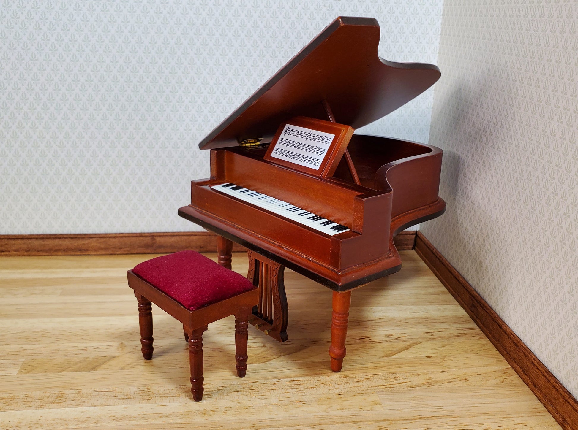 Dollhouse Grand Piano with Bench Seat Wood Instrument 1:12 Scale Miniature