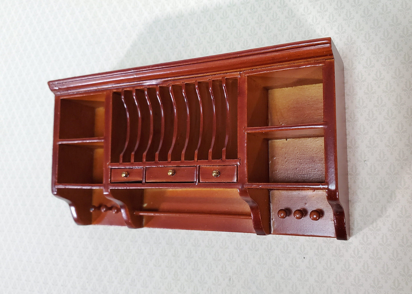 Dollhouse Plate Rack Shelf Kitchen Walnut with Drawers and Shelves 1:12 Scale Miniature