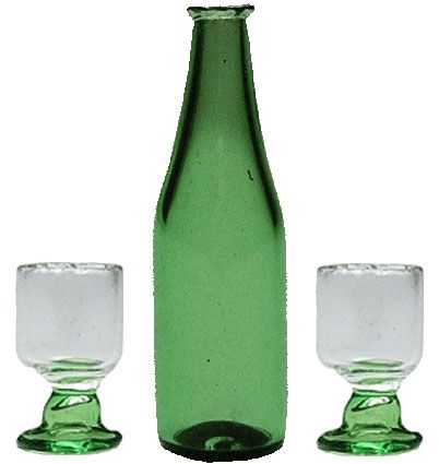 Dollhouse Green Glass Decanter and 2 Glasses 1:12 Scale Miniature Drinks Decor