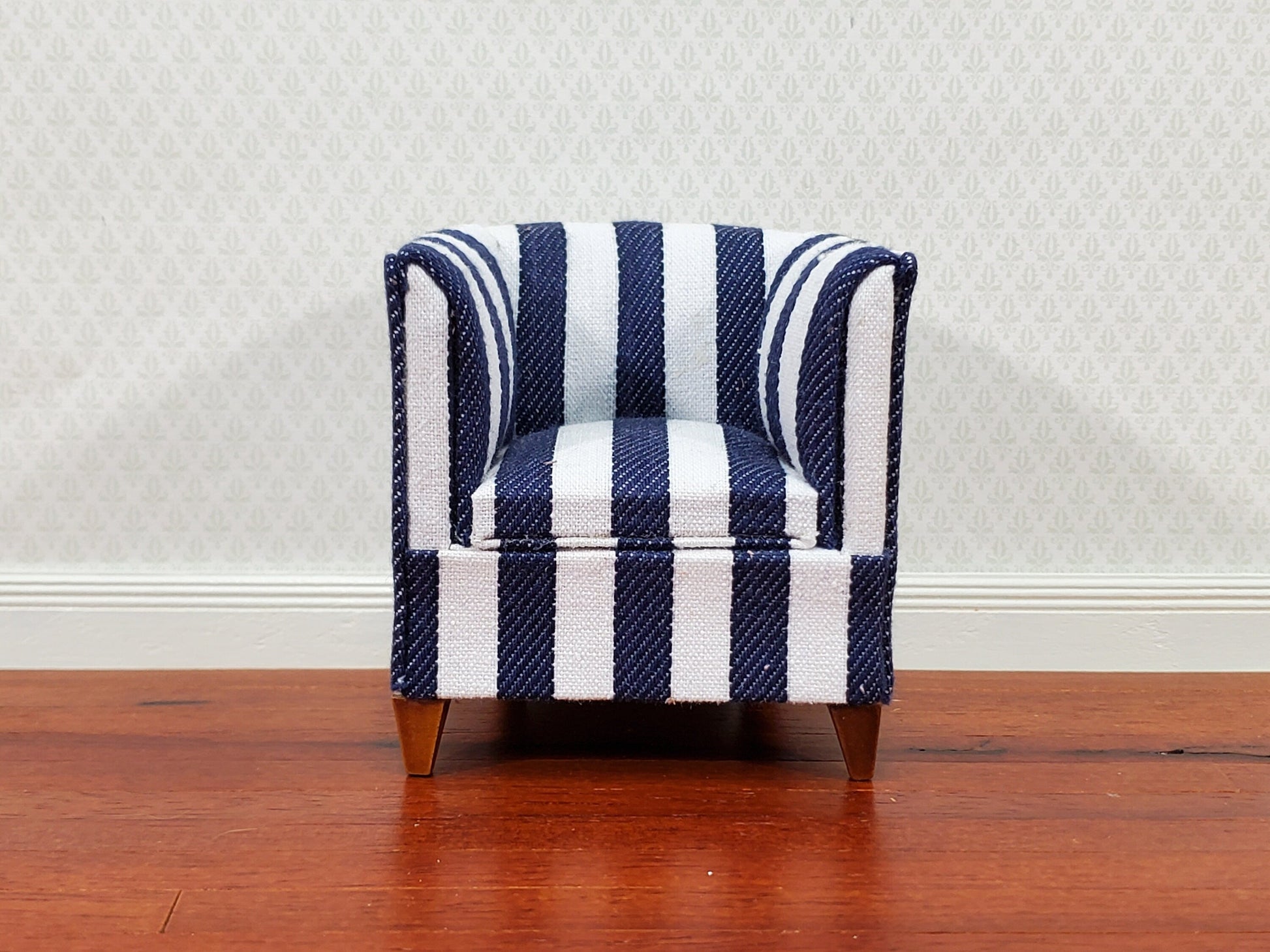 Dollhouse Club Chair Navy & White Wide Striped Modern Style 1:12 Scale Miniature Furniture