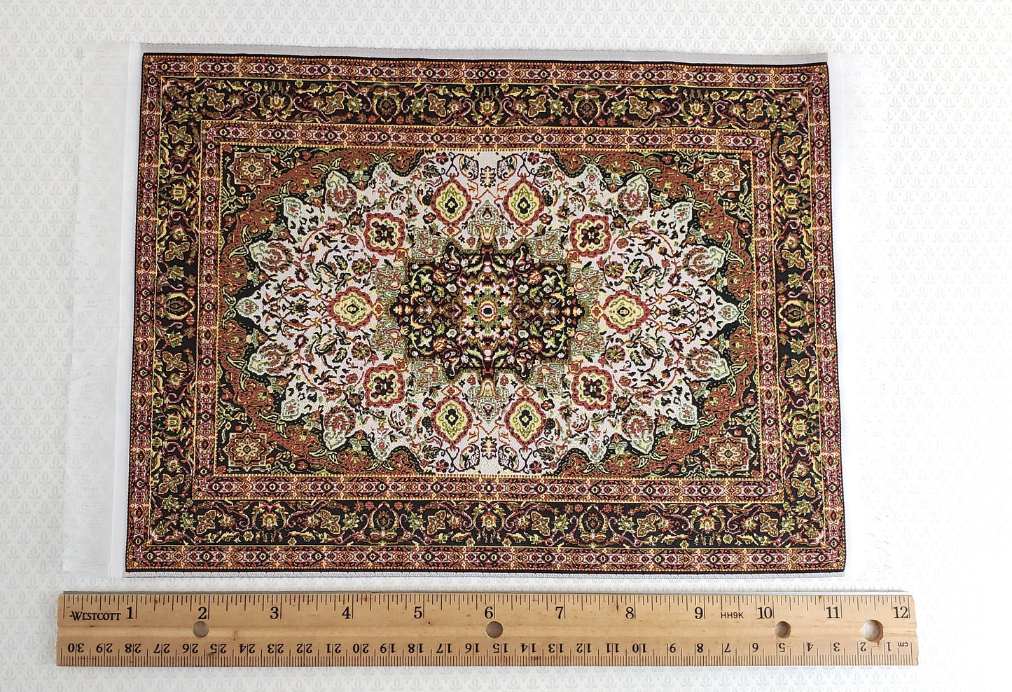 Dollhouse Miniature Rug Large Gold & Green with Fringe Full Room Carpet 1:12 Scale
