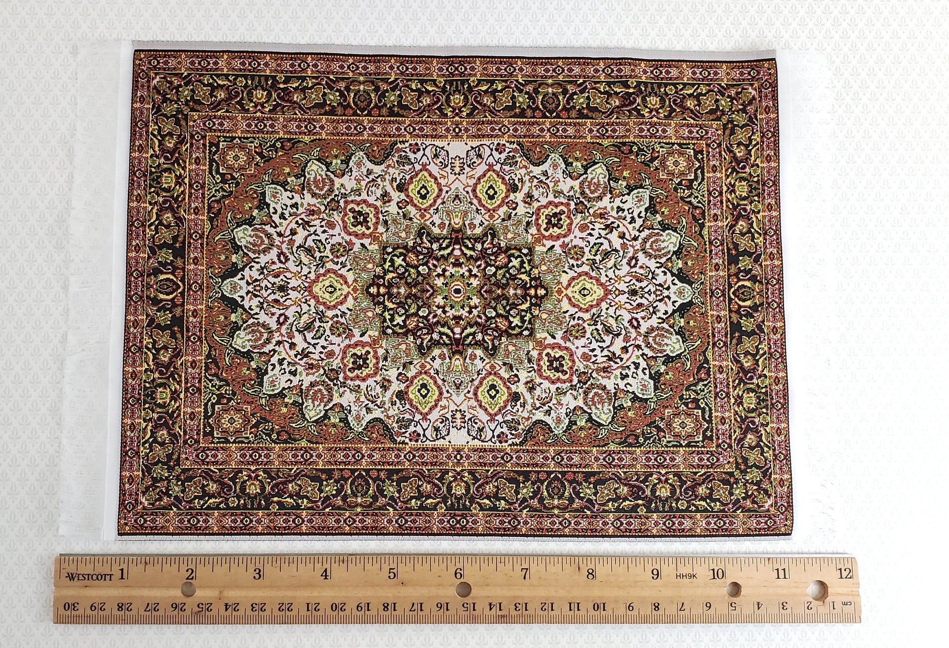 Dollhouse Miniature Rug Large Gold & Green with Fringe Full Room Carpet 1:12 Scale
