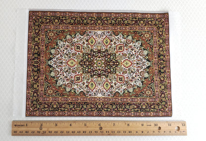 Dollhouse Miniature Rug Large Gold & Green with Fringe Full Room Carpet 1:12 Scale
