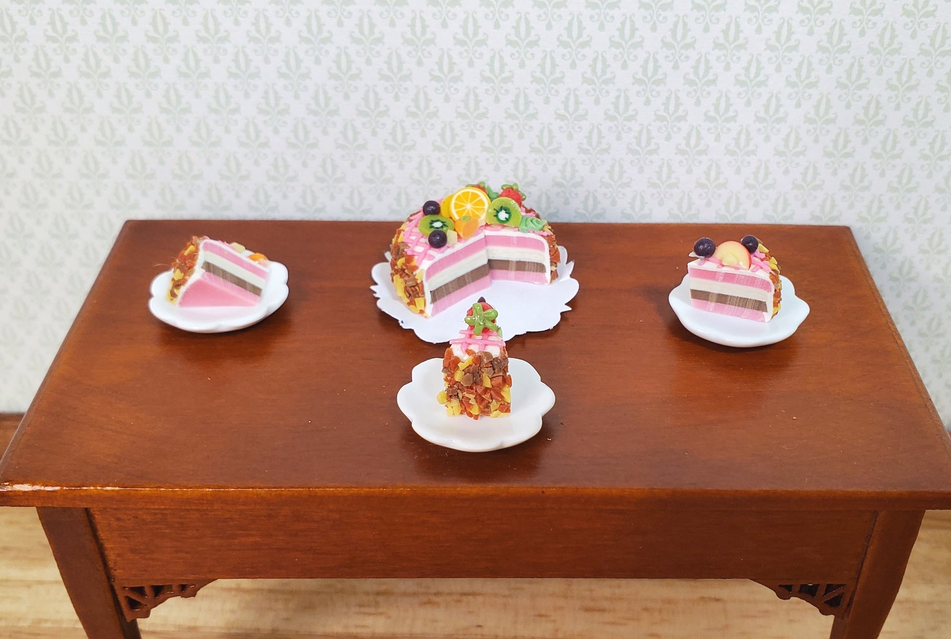Dollhouse Fruit Topped Cake Sliced 1:12 Scale Miniature Dessert Food Bakery