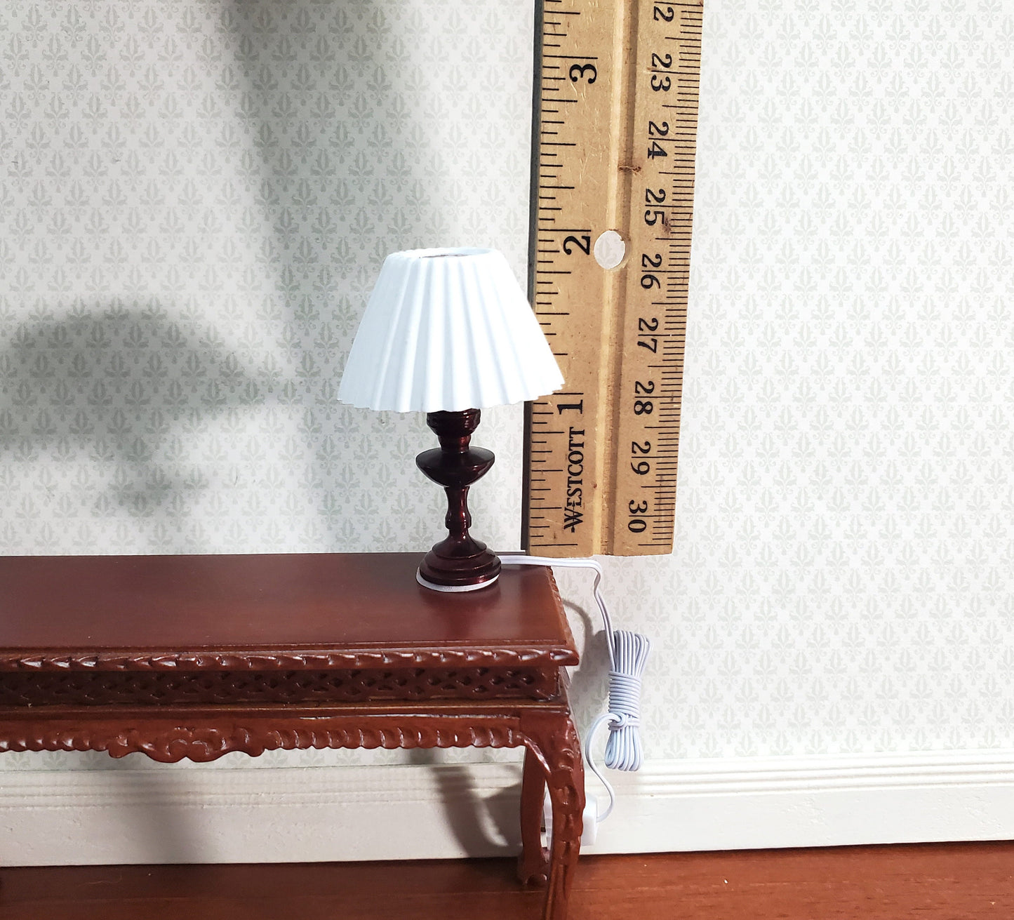 Dollhouse Miniature Table Lamp White Shade Bronze Base 1:12 Scale 12 volt with Plug