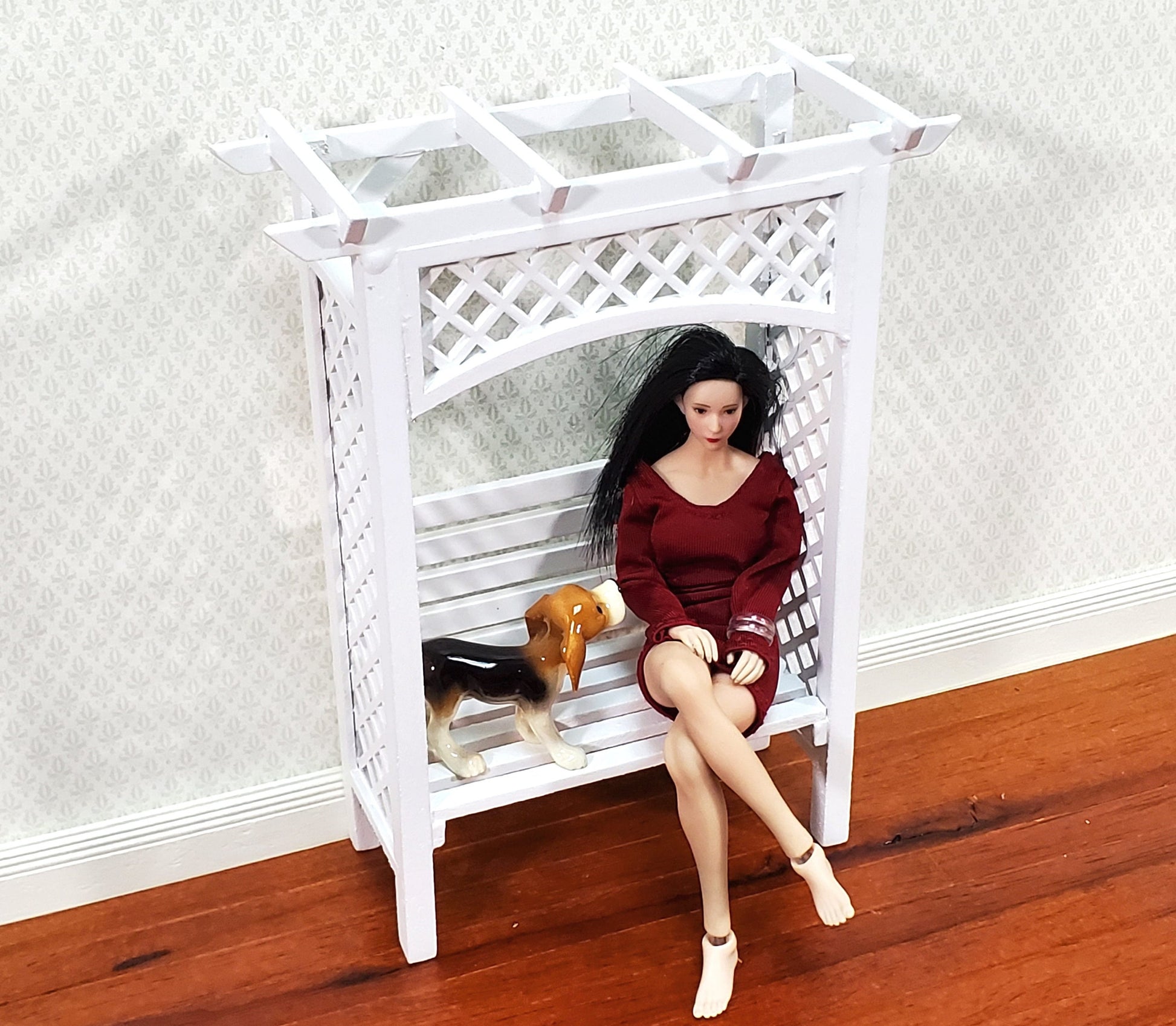 Dollhouse Garden Arbor Bench with Trellis for Flowers White Wood 1:12 Scale Miniature
