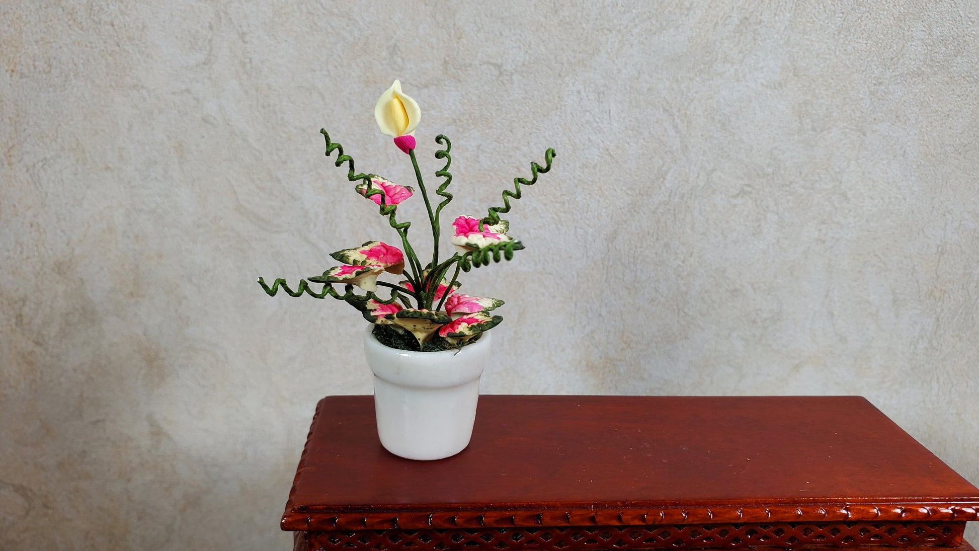 Dollhouse Caladium with Bud Variegated Leaves in White Pot 1:12 Scale Miniature