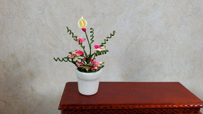 Dollhouse Caladium with Bud Variegated Leaves in White Pot 1:12 Scale Miniature