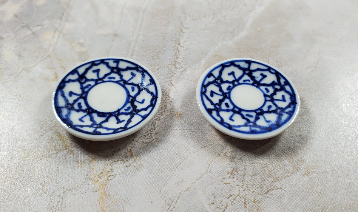 Dollhouse 2 Large Round Ceramic Platters Blue & White Design Miniature 1 1/4"