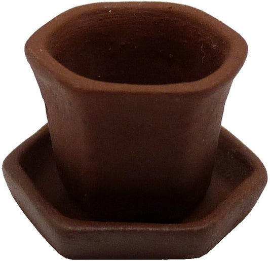 Dollhouse Brown Hexagonal Terra Cotta Planter with Saucer 1:12 Scale Miniature