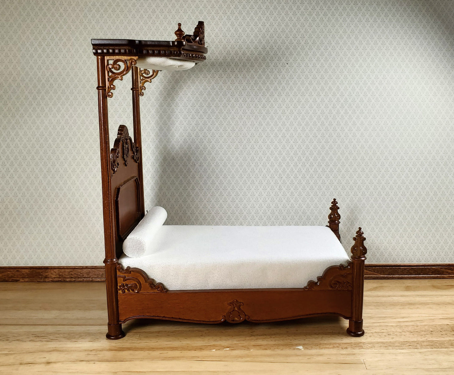 JBM Dollhouse Bed Large Victorian with Canopy 1:12 Scale Furniture Walnut Finish