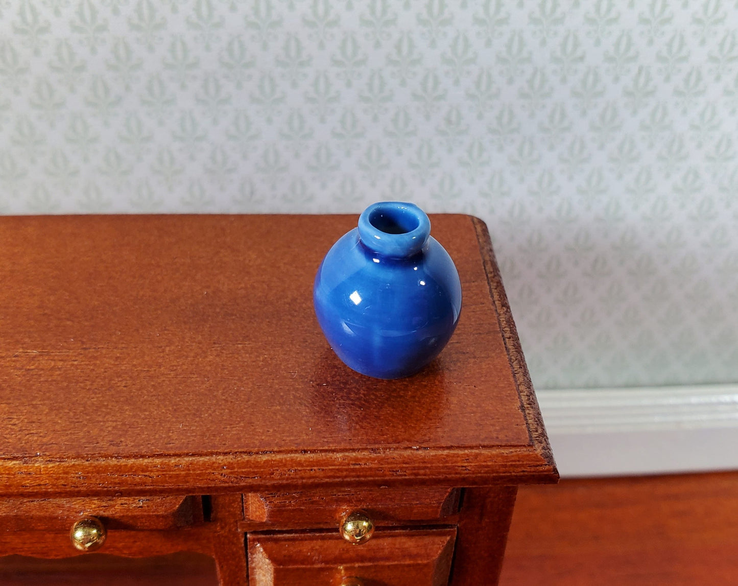 Dollhouse Small Dark Blue Round Ceramic Vase 1:12 Scale Miniature