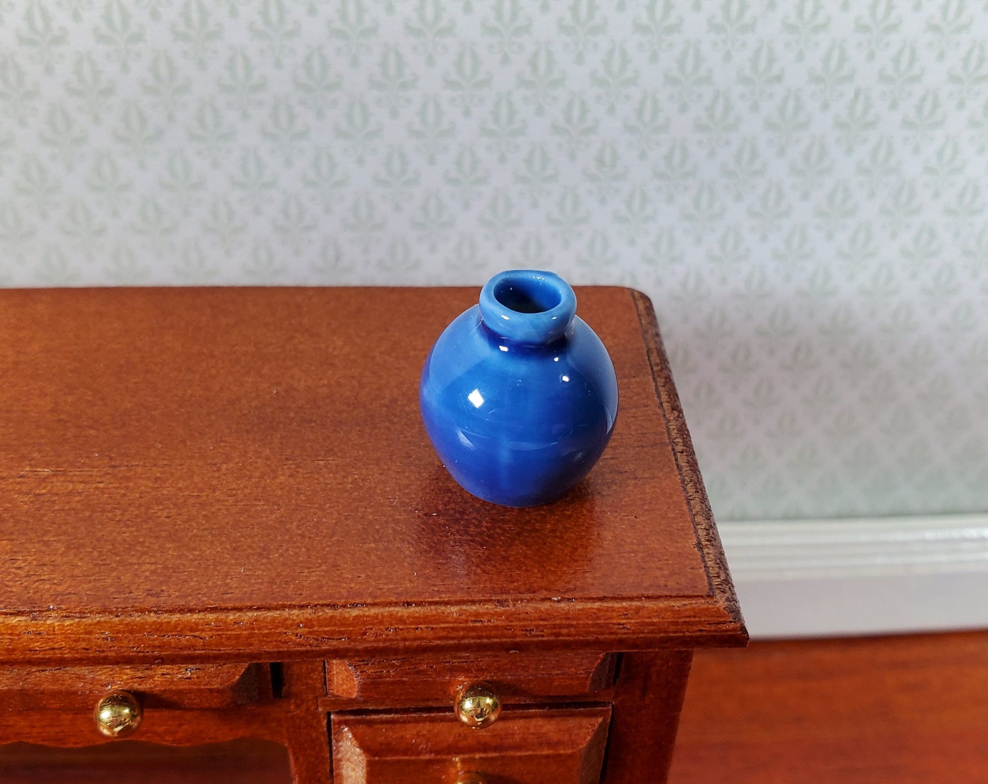 Dollhouse Small Dark Blue Round Ceramic Vase 1:12 Scale Miniature