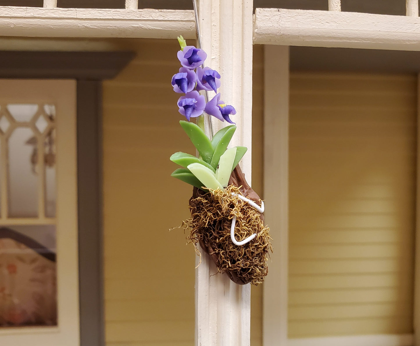 Dollhouse Hanging Orchid Purple with Bark & Moss Flowering Plant 1:12 Scale