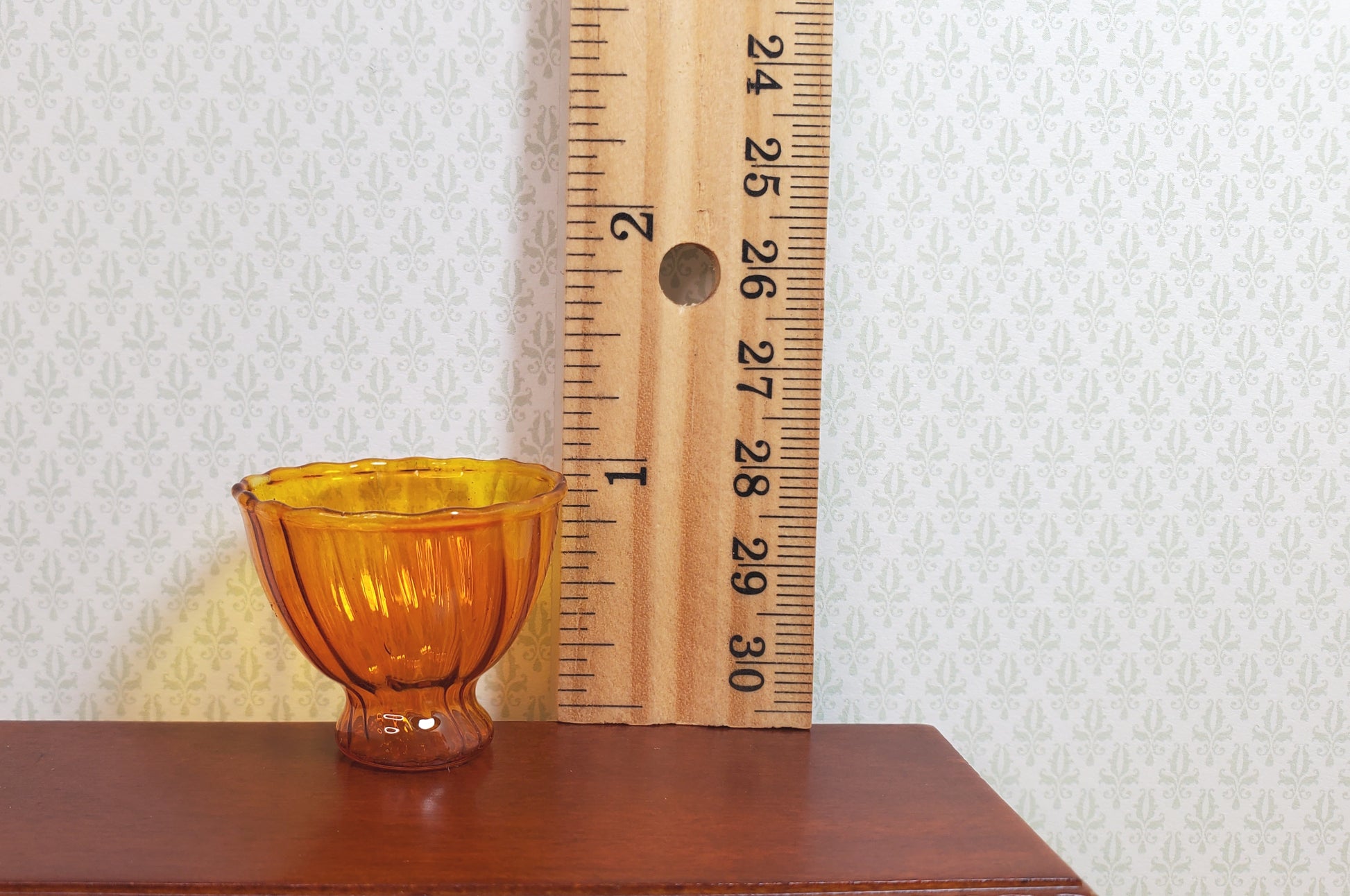 Dollhouse Glass Ribbed Pedestal Bowl Amber Color 1:12 Scale Miniature Decor