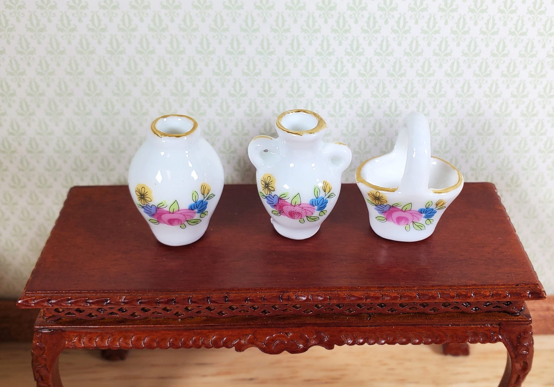 Dollhouse Vase Urn & Basket Ceramic White Pink Floral 3pc 1:12 Scale Miniatures