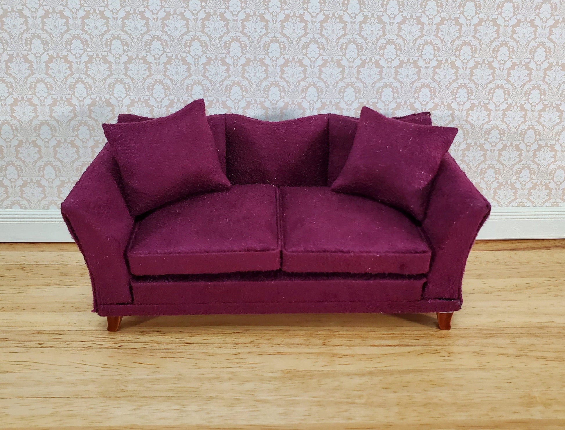 Dollhouse Sofa Couch Plum Burgundy Modern Style 1:12 Scale Miniature Furniture