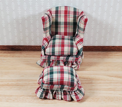 Dollhouse Small Chair with Ottoman Red Green Plaid 1:12 Scale Miniature Furniture