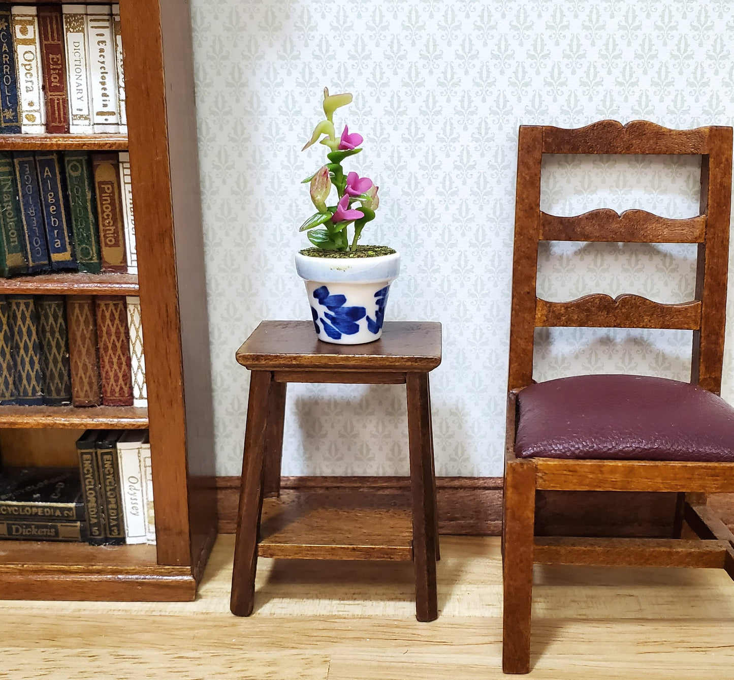 Dollhouse Potted Plant with Pink Flowers in Blue & White Pot 1:12 Scale Miniature