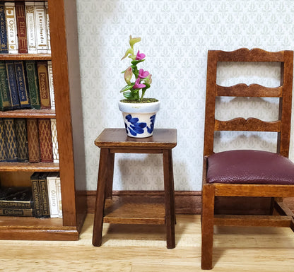 Dollhouse Potted Plant with Pink Flowers in Blue & White Pot 1:12 Scale Miniature