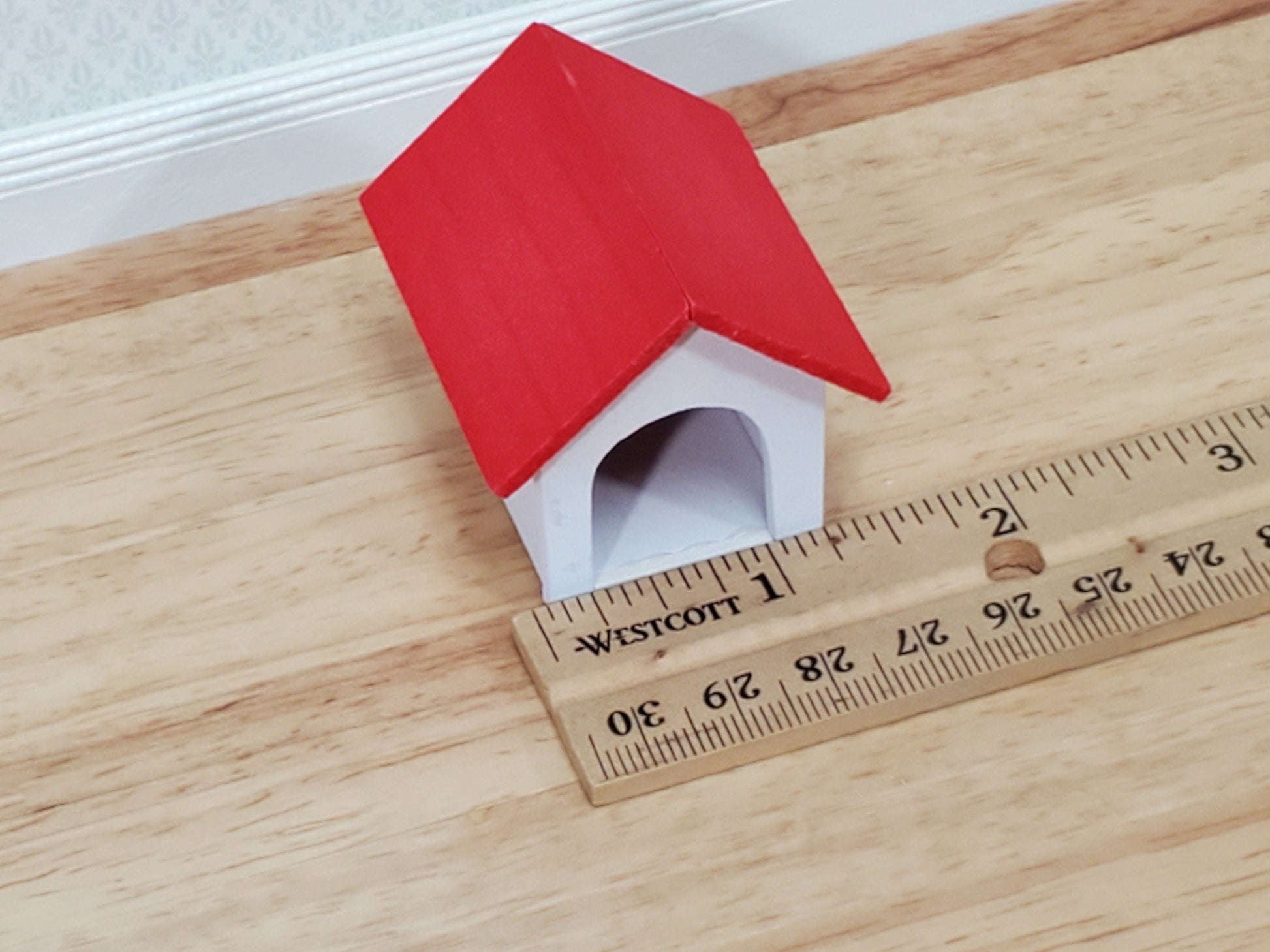Dollhouse HALF SCALE Dog House Kennel Small Wood 1:14 Scale Miniature Red and White