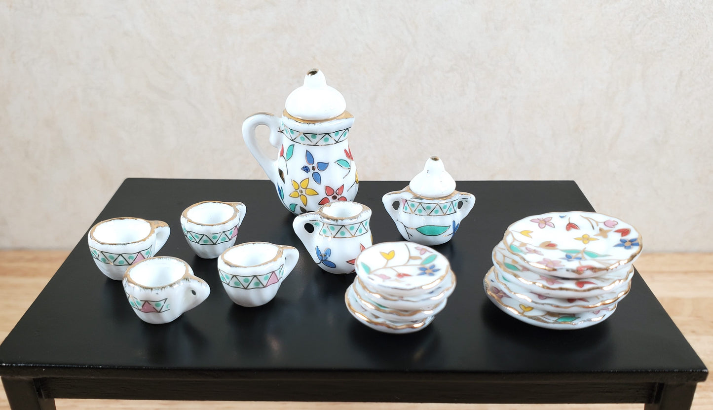 Dollhouse Coffee Set with Plates Ceramic Whimsey Flowers 1:12 Scale Miniature