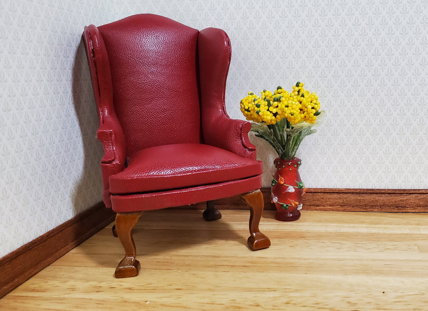 Dollhouse Floor Vase Red Fused with Leaves Use in 1:12 or 1/6 Scale Miniature