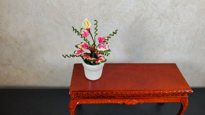 Dollhouse Caladium with Bud Variegated Leaves in White Pot 1:12 Scale Miniature