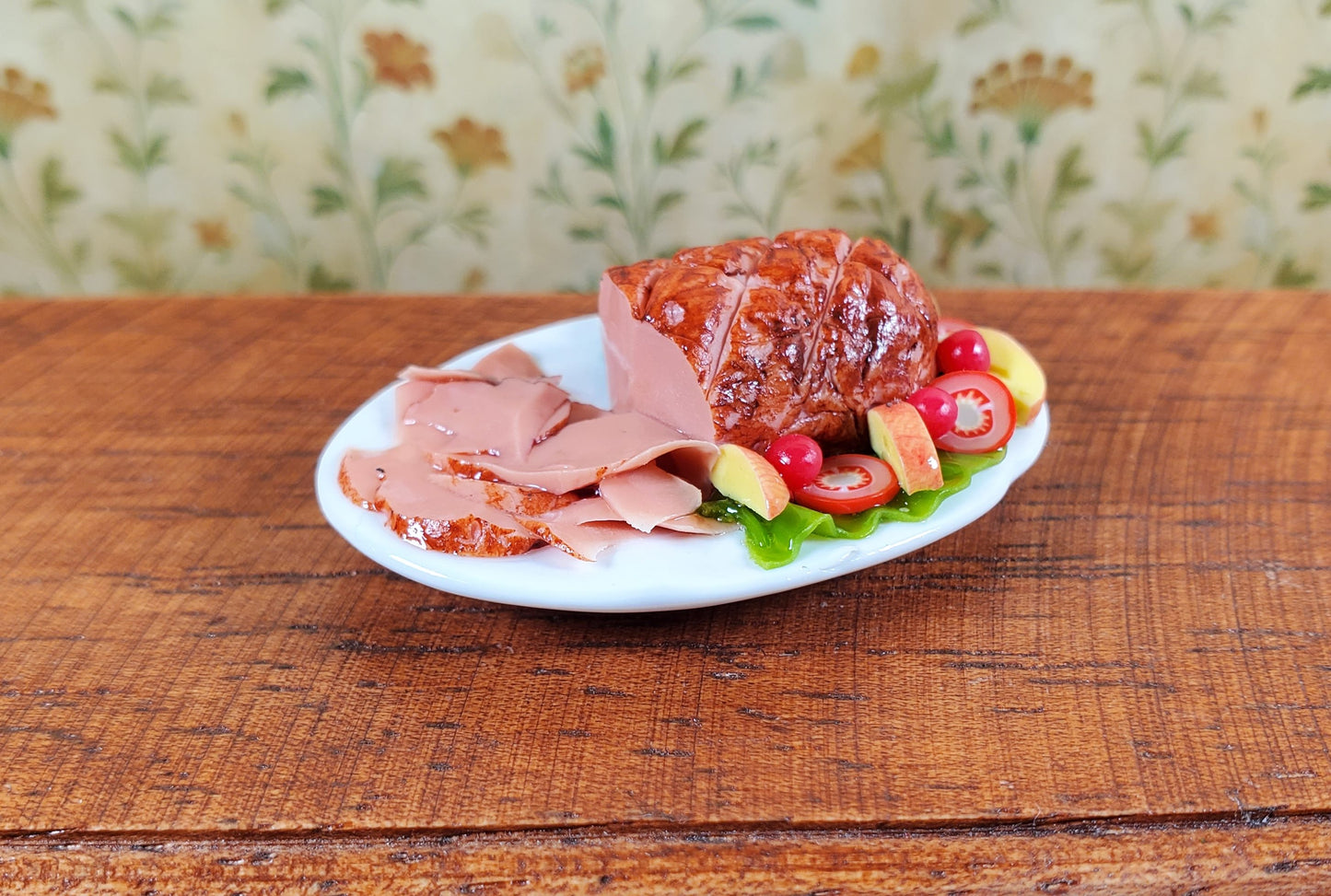 Dollhouse Sliced Ham with Vegetables on Ceramic Platter 1:12 Scale Miniature