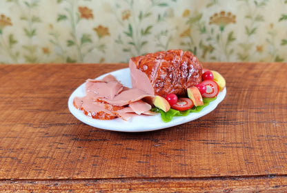 Dollhouse Sliced Ham with Vegetables on Ceramic Platter 1:12 Scale Miniature