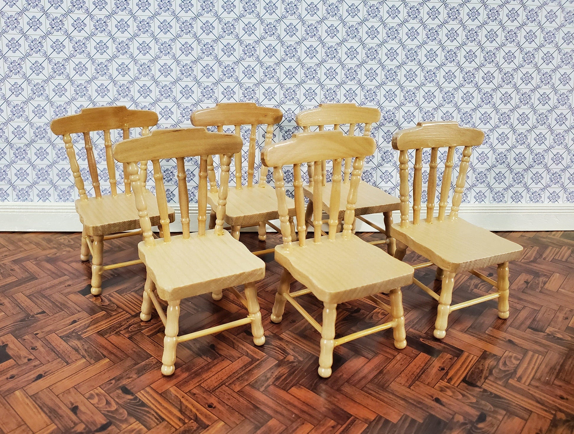 Dollhouse Kitchen Chairs Spindle Back Set of 6 Light Oak 1:12 Scale Miniature Furniture