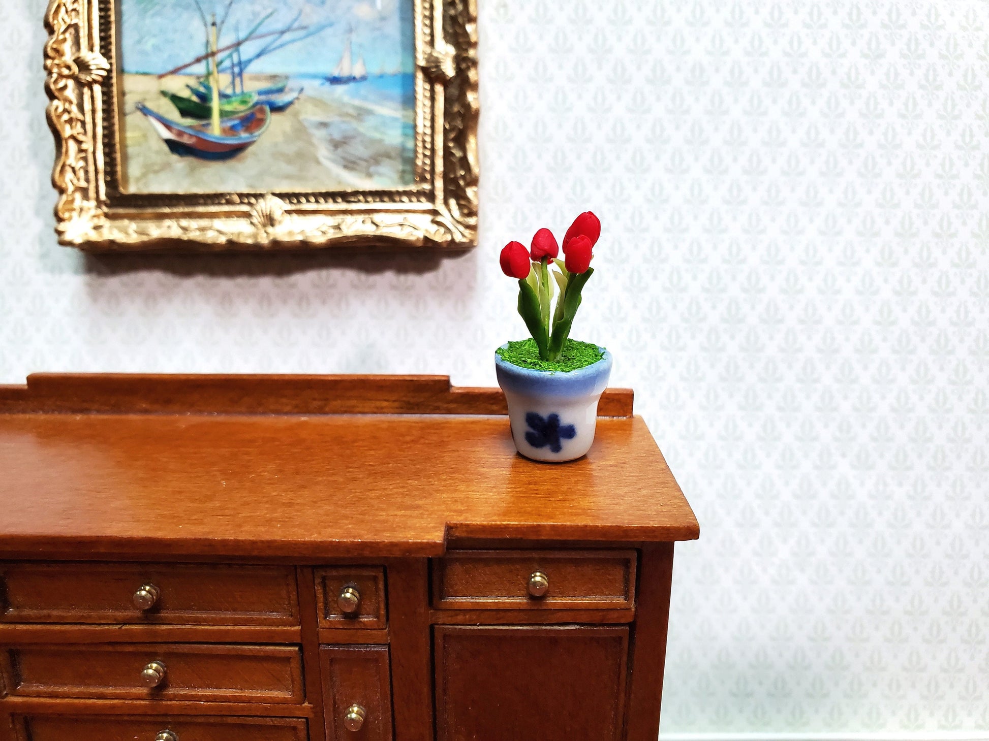 Dollhouse Red Tulips in Blue and White Ceramic Pot 1:12 Scale Miniature Plant