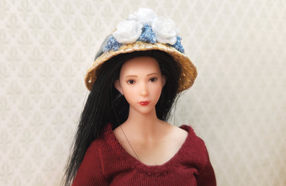 Dollhouse Victorian Hat Tan with White Roses Handmade 1:12 Scale Miniature