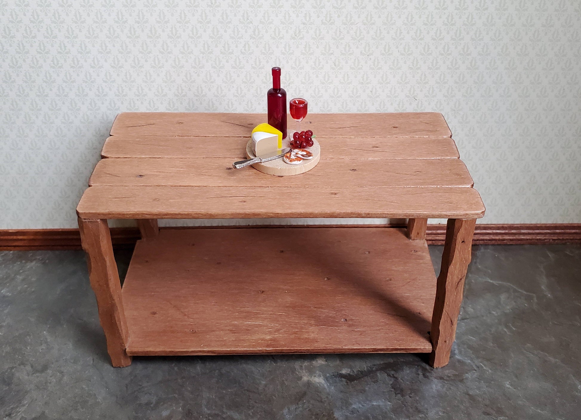 Dollhouse Red Wine Bottle & Filled Glass with Cheese Grapes Knife 1:12 Scale