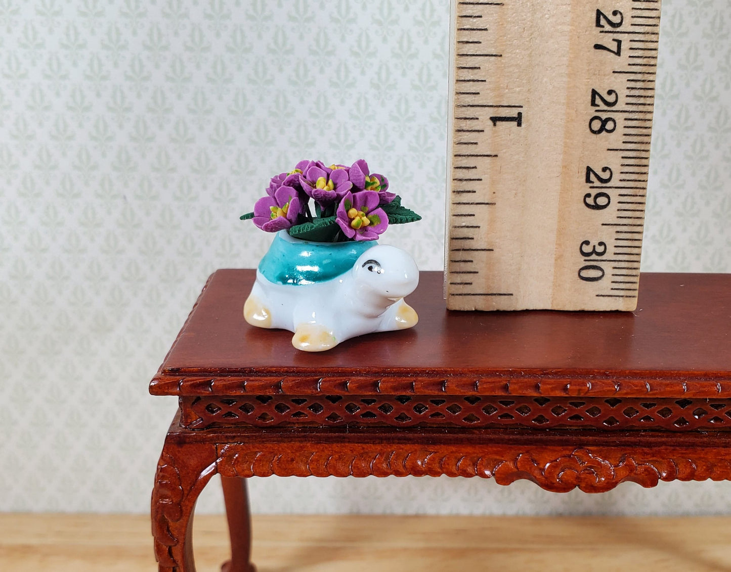 Dollhouse Violet Flowers in a Green Turtle Planter Pot 1:12 Scale Miniature