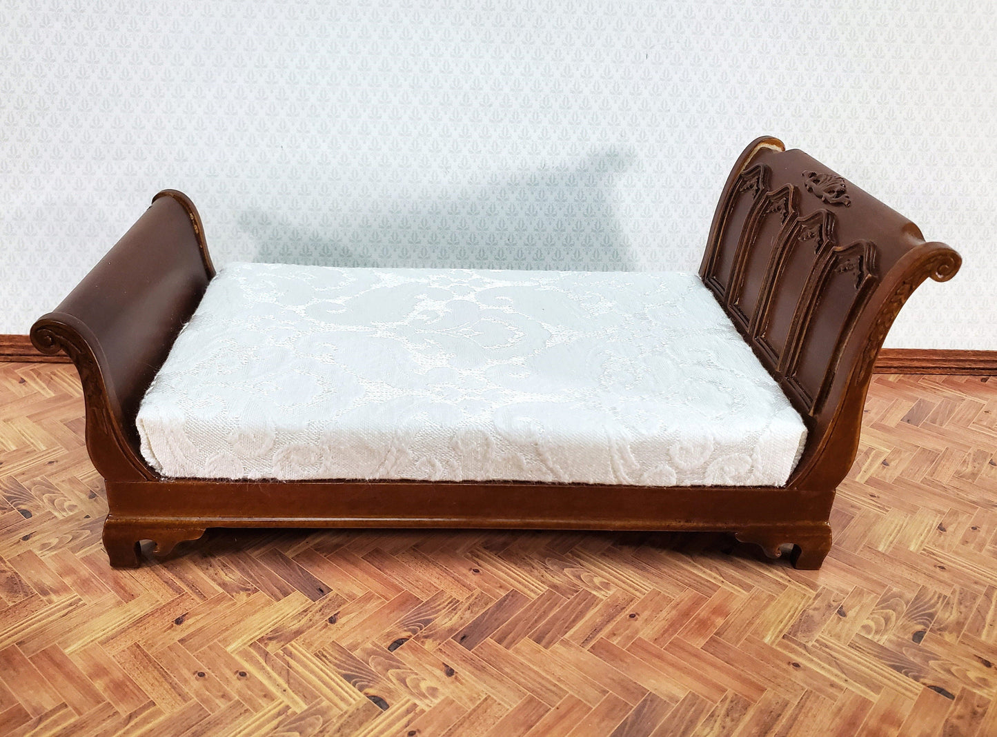JBM Dollhouse Bed Large Victorian Style 1:12 Miniature Furniture Walnut Finish