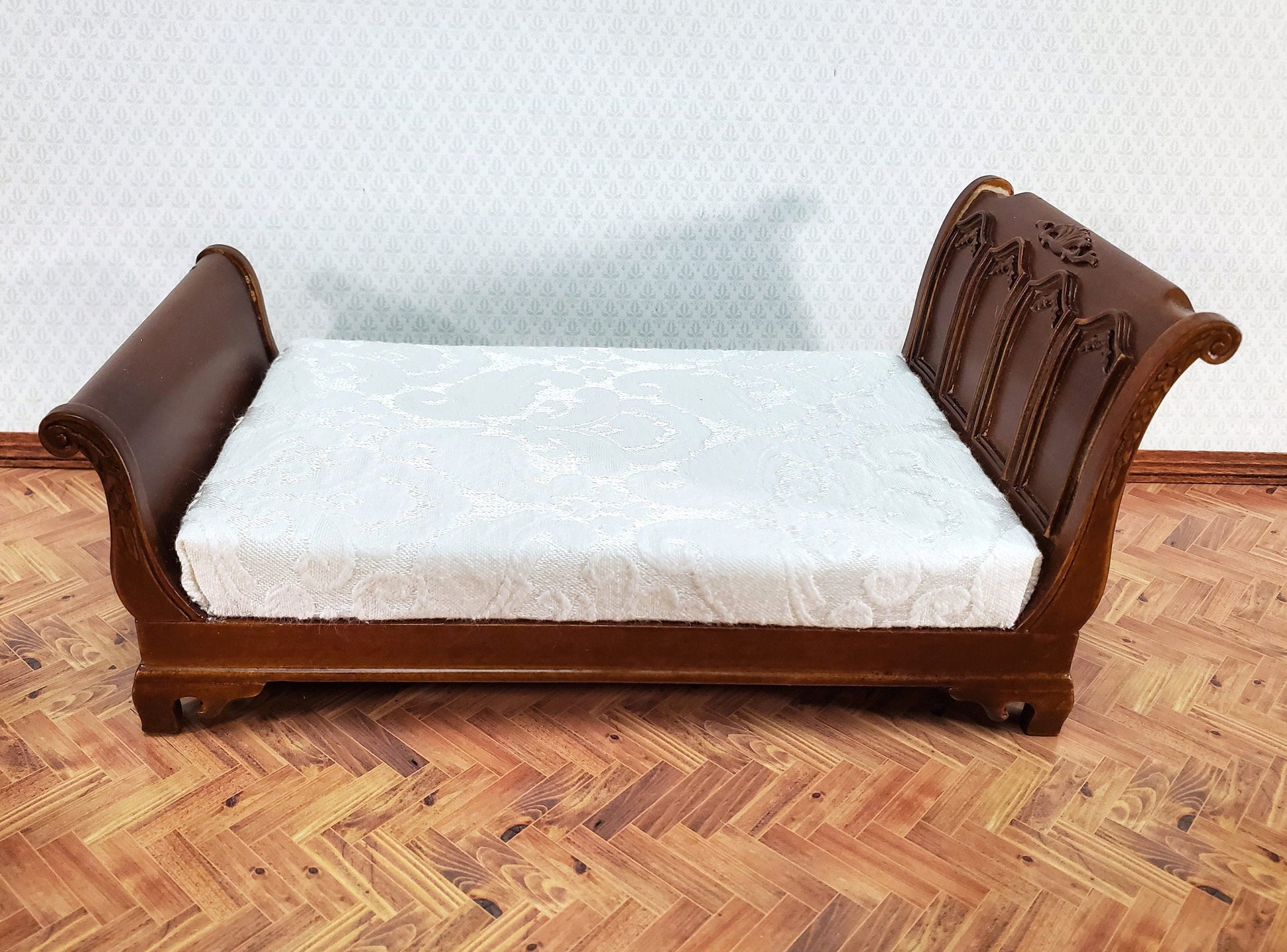 JBM Dollhouse Bed Large Victorian Style 1:12 Miniature Furniture Walnut Finish