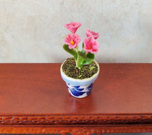 Dollhouse Potted Pink Violets 1:12 Scale Miniature Houseplant Blue & White Pot