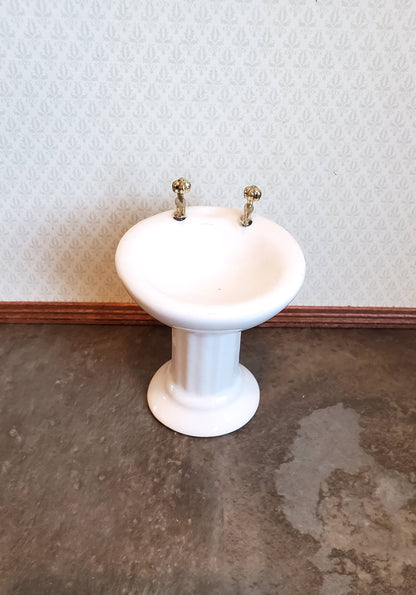 Dollhouse Miniature Pedestal Sink Bathroom White Ceramic Gold Handles 1:12 Scale