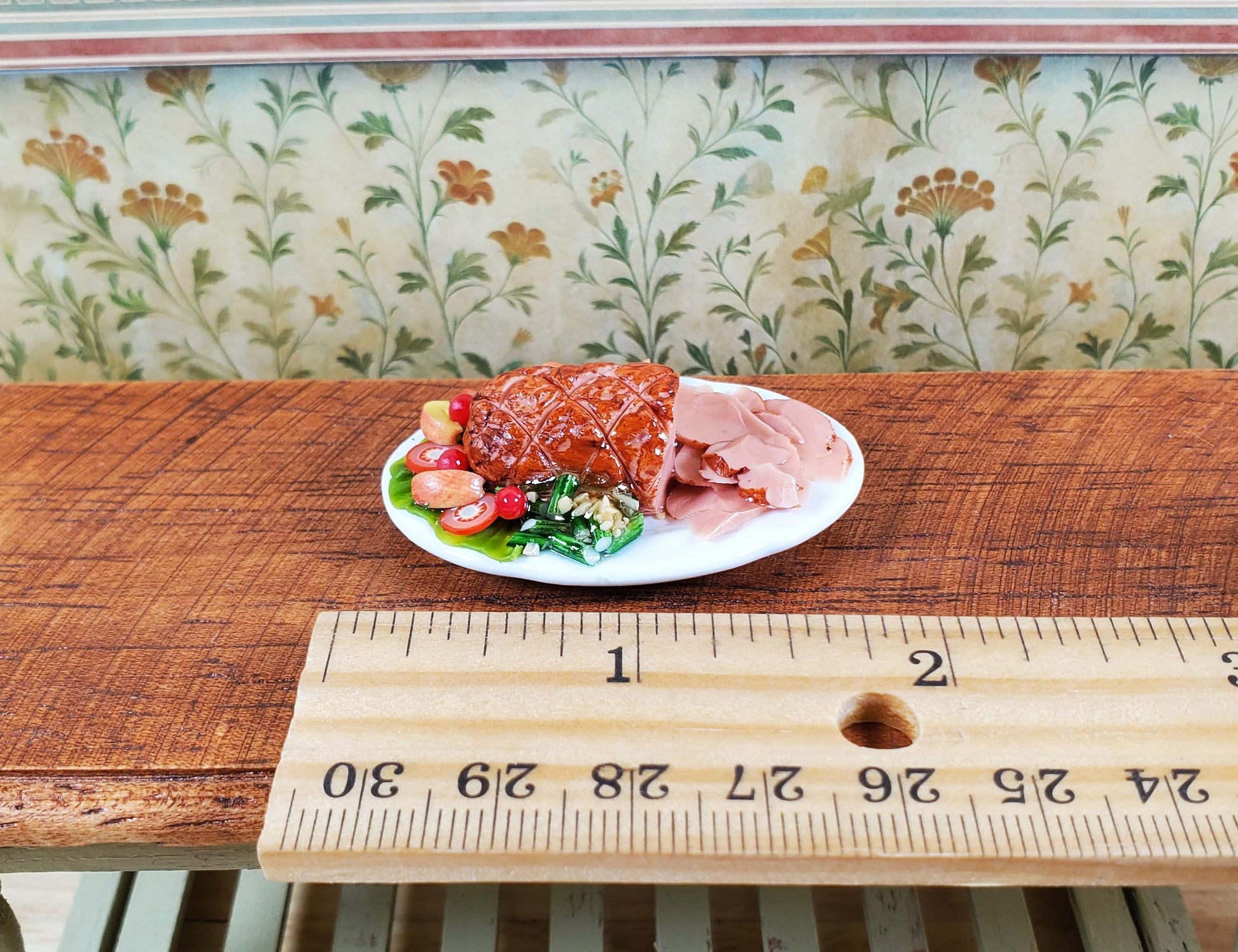Dollhouse Sliced Ham with Vegetables on Ceramic Platter 1:12 Scale Miniature