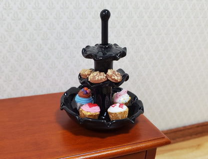 Dollhouse Glass Tiered Serving Tray for Treats Black Glass 1:12 Scale Miniature