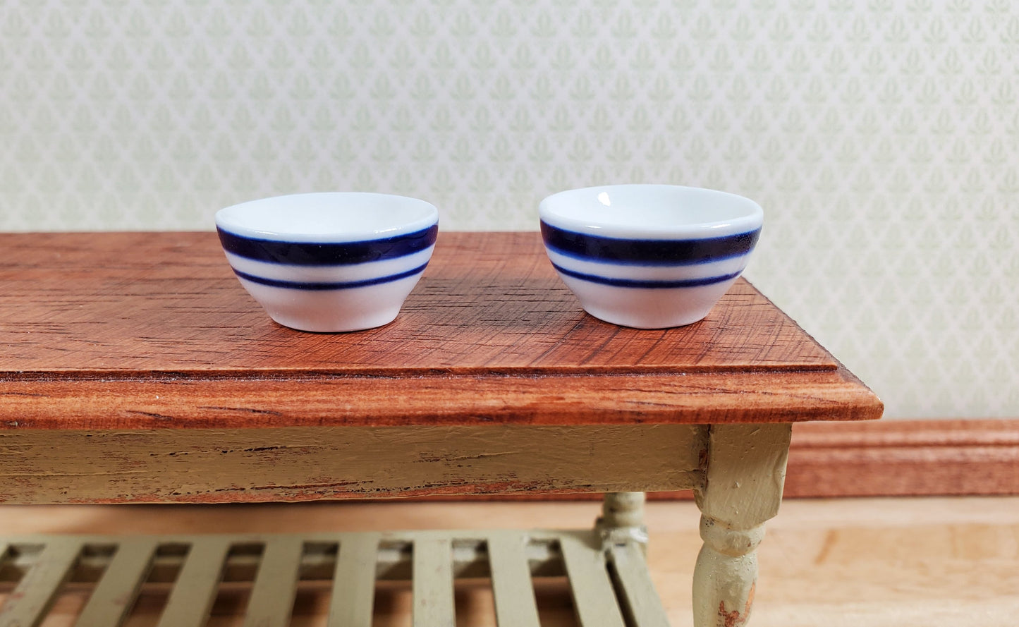 Dollhouse Bowl White with Blue Stripes Ceramic Set of 2 1:12 Scale Miniature
