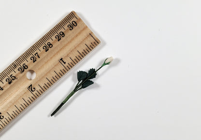 Dollhouse White Rose Bud Single Stem with Foliage 1:12 Scale Miniature